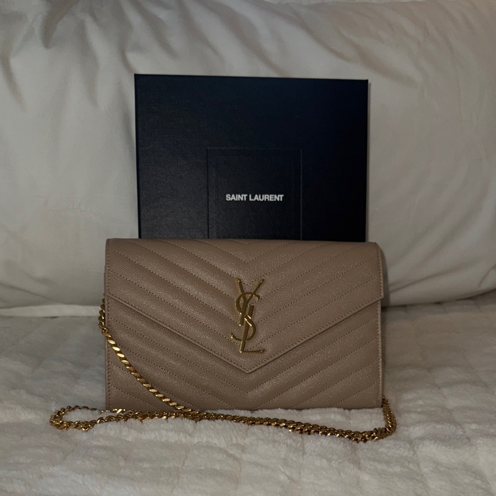 YSL Beige Quilted Leather Clutch with Gold Chain